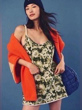 NWOT Free People Hot Shot Mini Dress Green Floral Camo Combo  XS